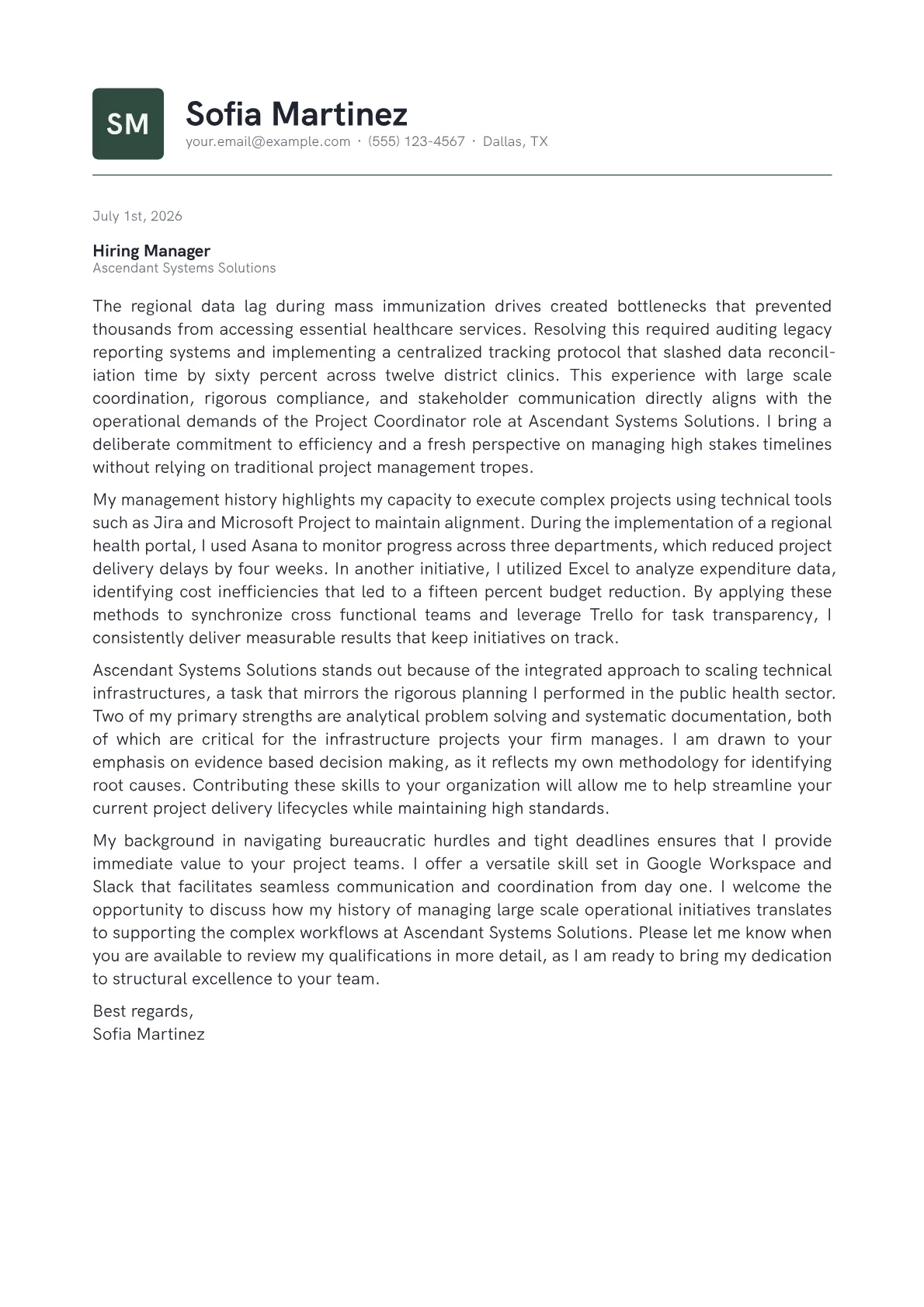 Career Changer cover letter in the Emblem design