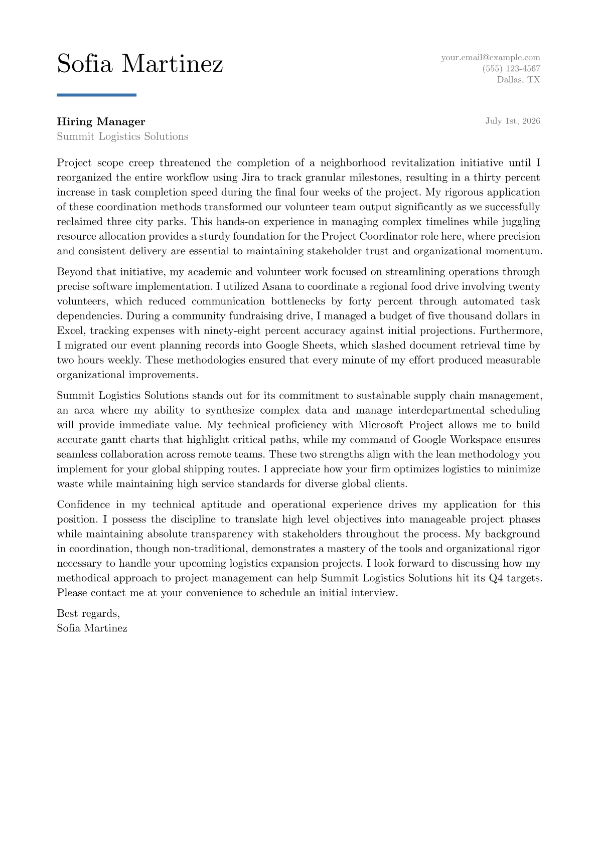 Career Changer cover letter in the Executive design