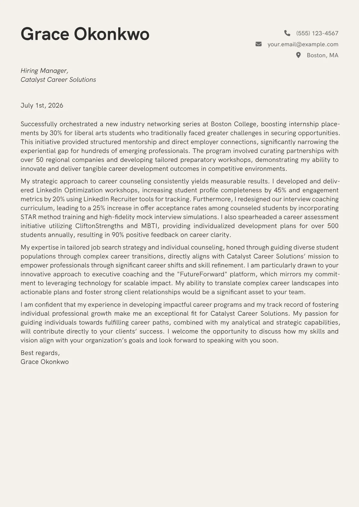 Career Counselor cover letter formatted with a JobSprout template