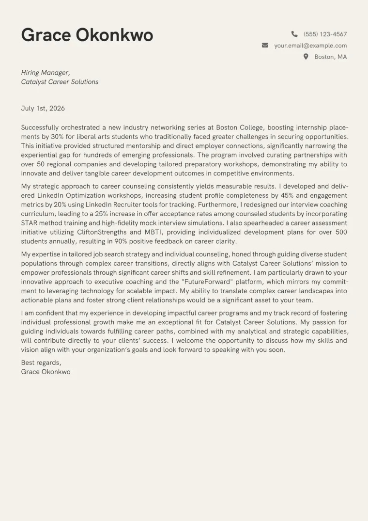 Career Counselor Cover Letter Example