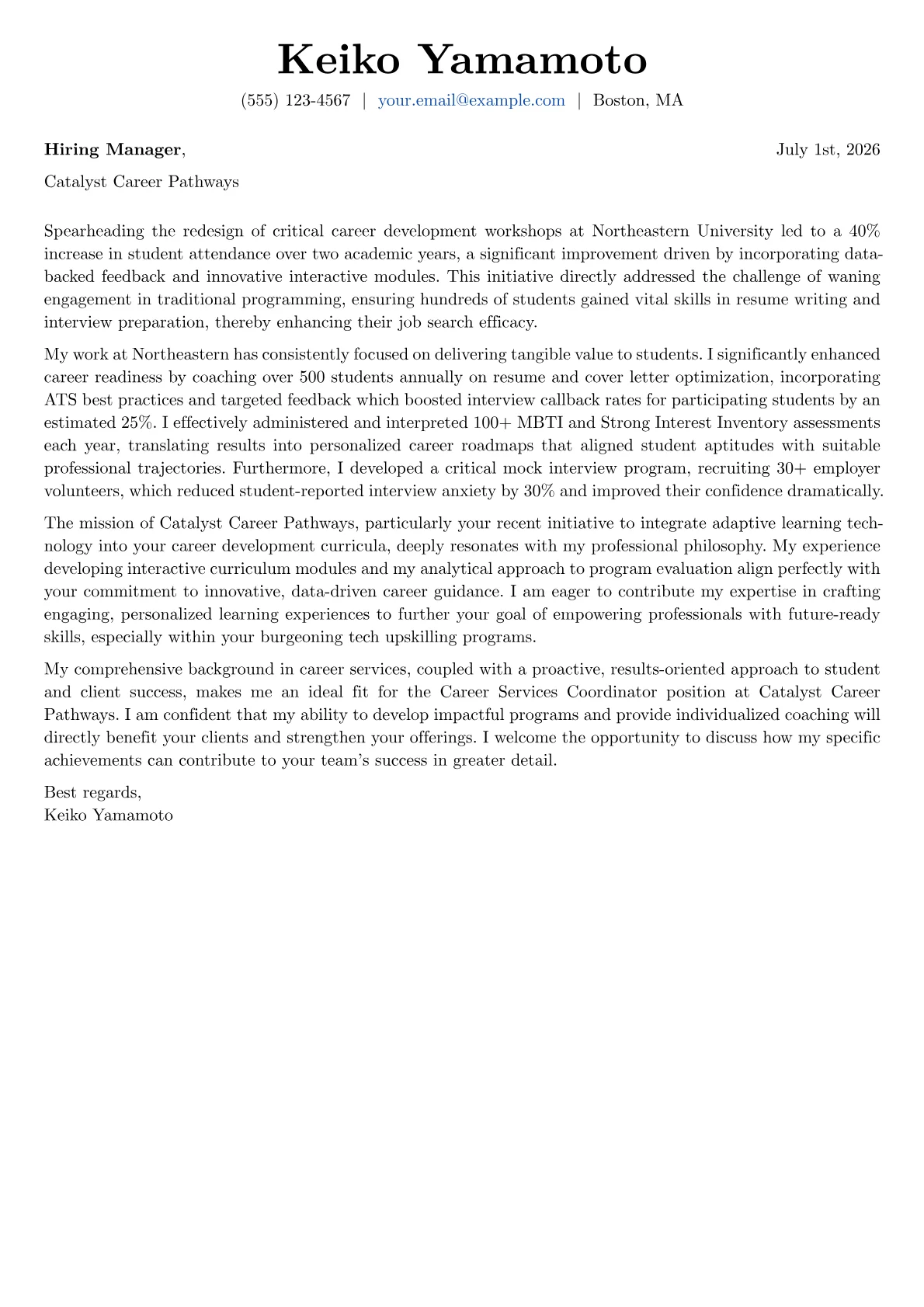 Career Services Coordinator cover letter formatted with a JobSprout template