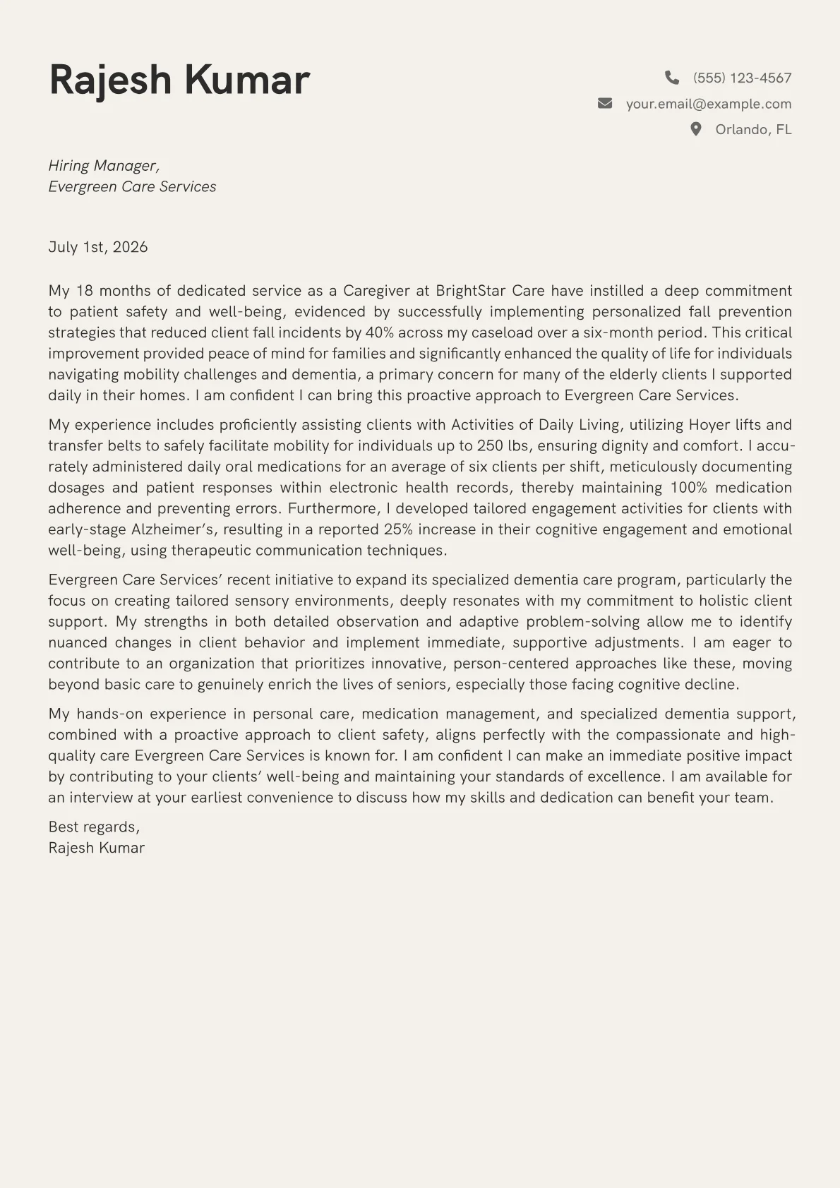 Caregiver cover letter formatted with a JobSprout template