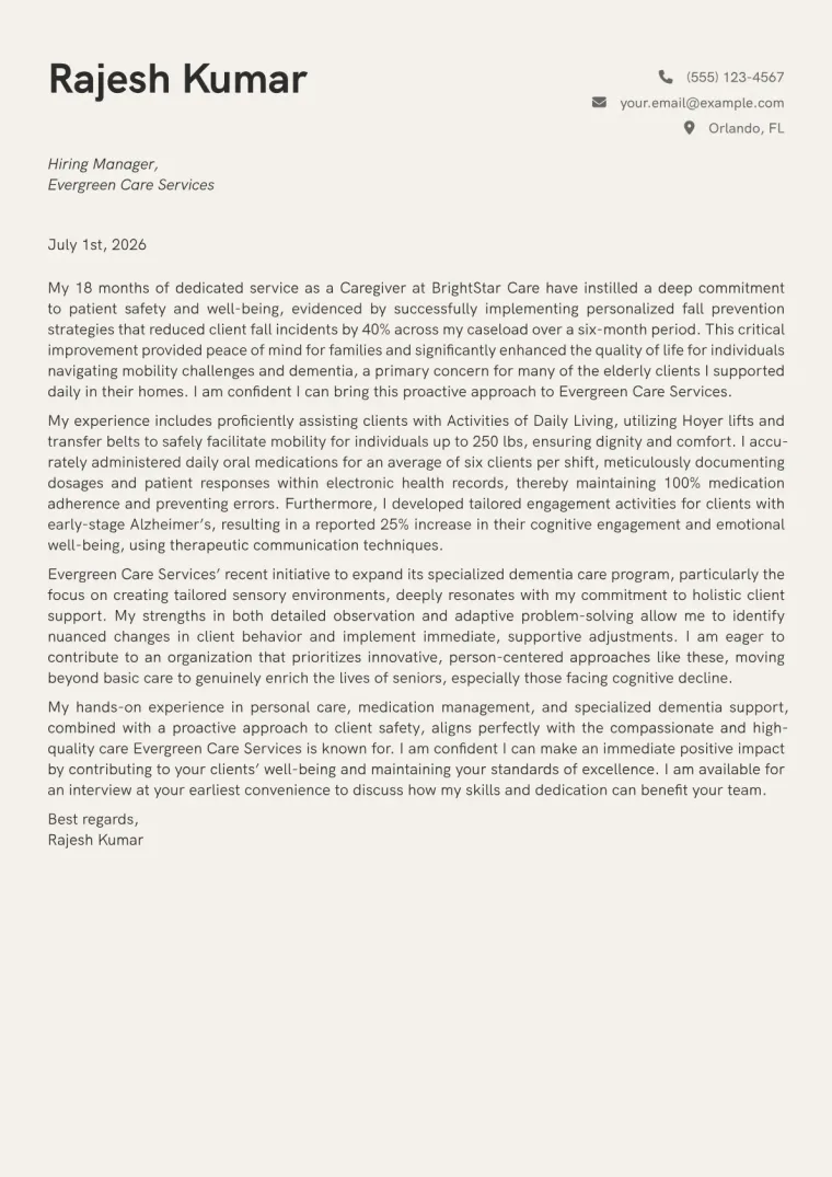 Caregiver Cover Letter Example