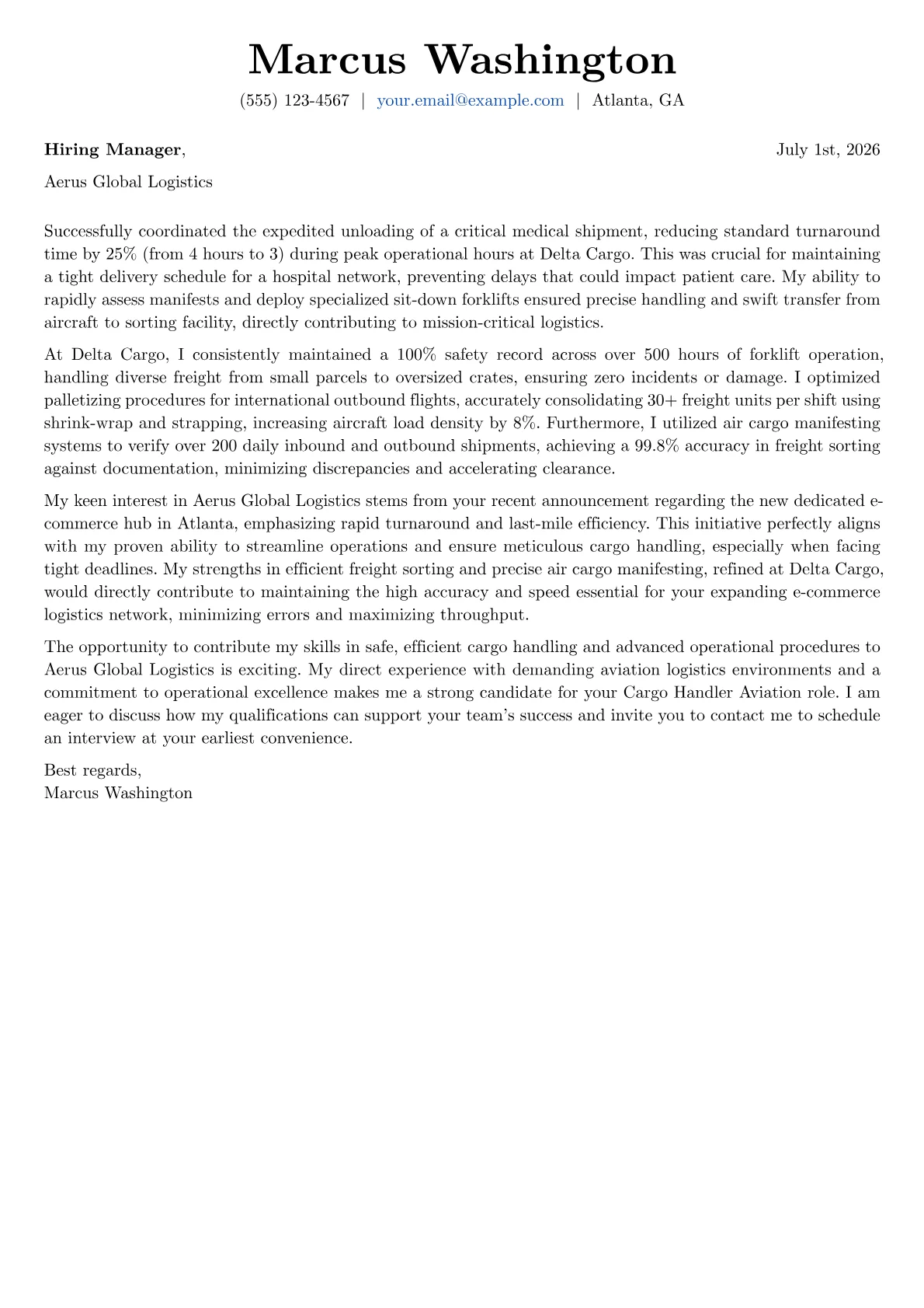Cargo Handler Aviation cover letter formatted with a JobSprout template