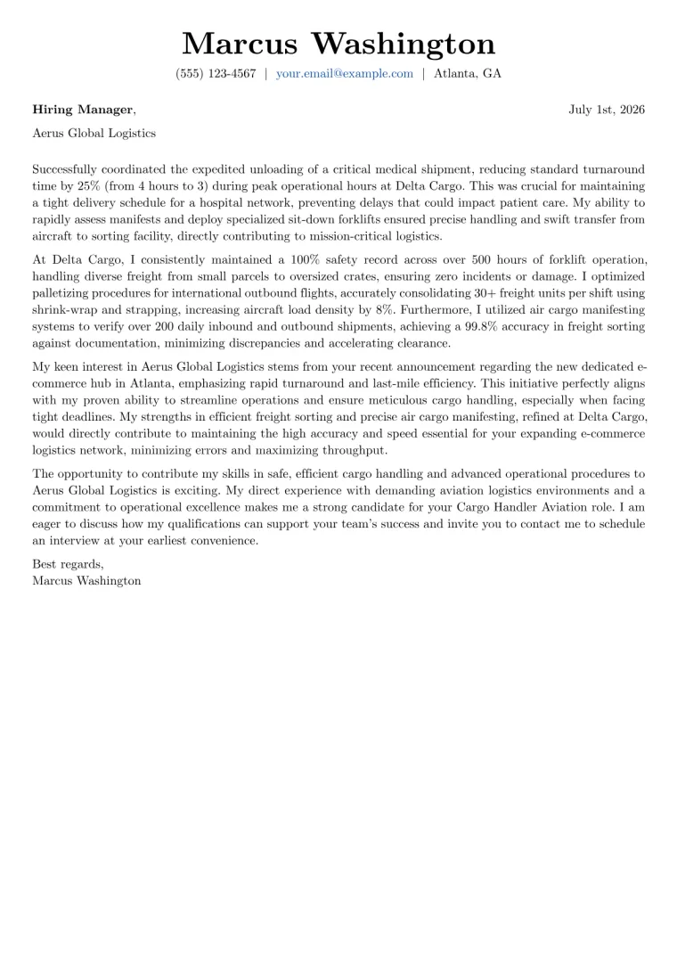 Cargo Handler Aviation cover letter example preview