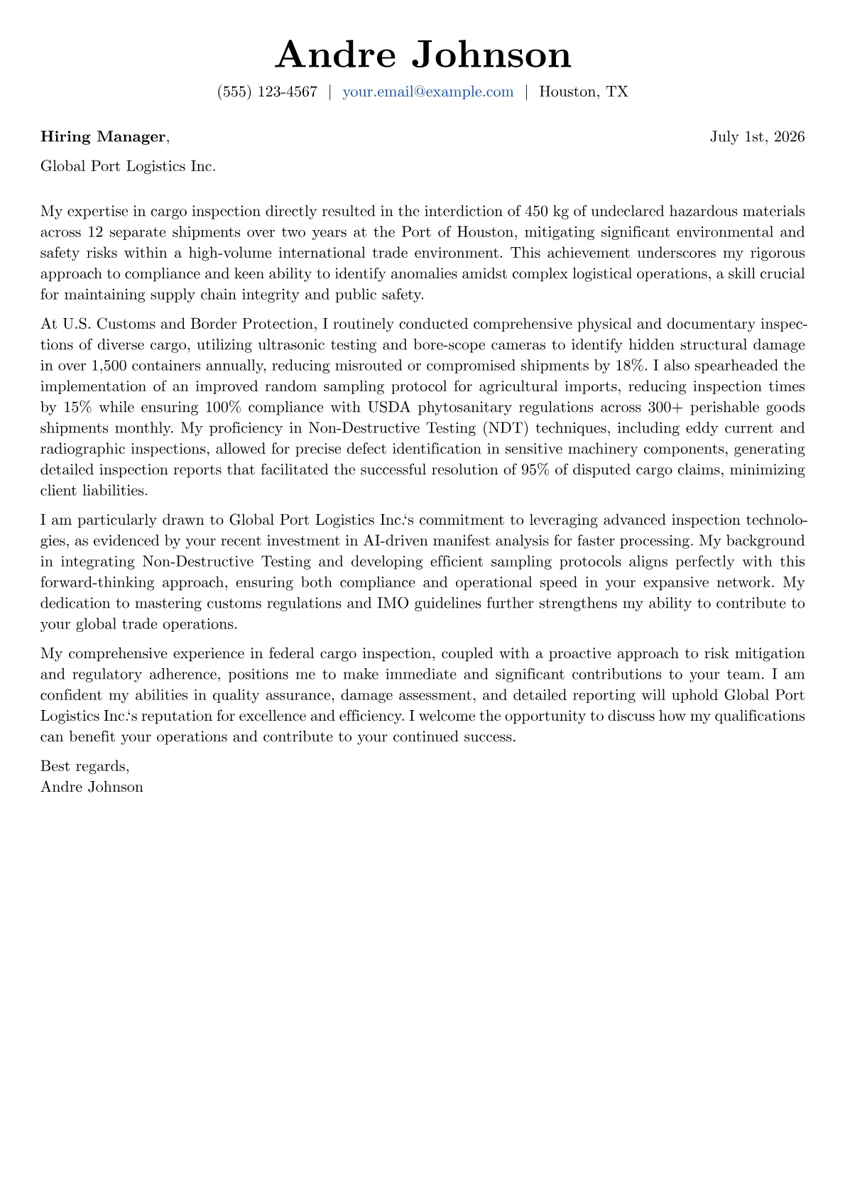 Cargo Inspector cover letter formatted with a JobSprout template