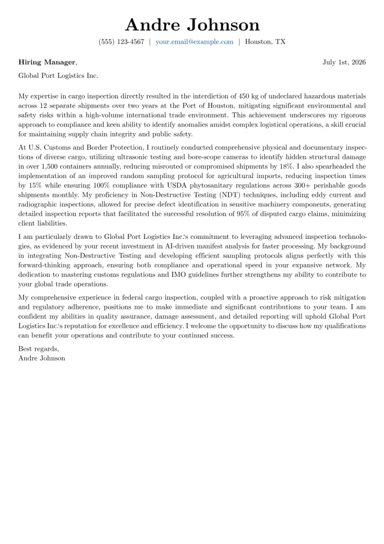 Cargo Inspector cover letter example preview