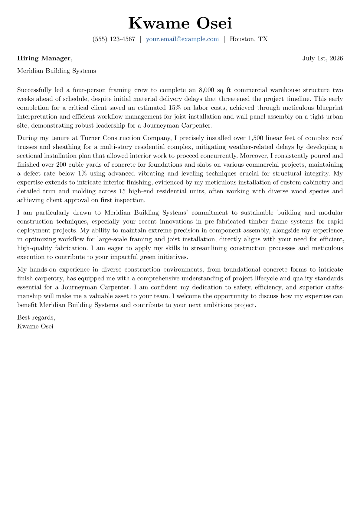 Carpenter cover letter formatted with a JobSprout template