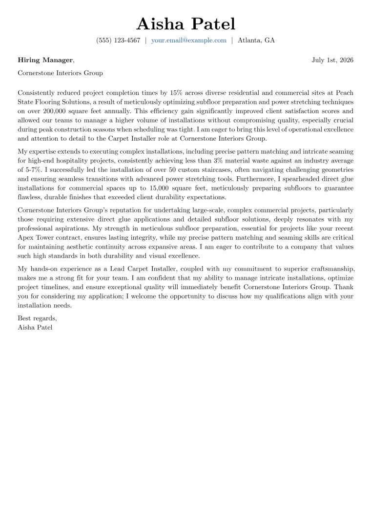 Carpet Installer cover letter example