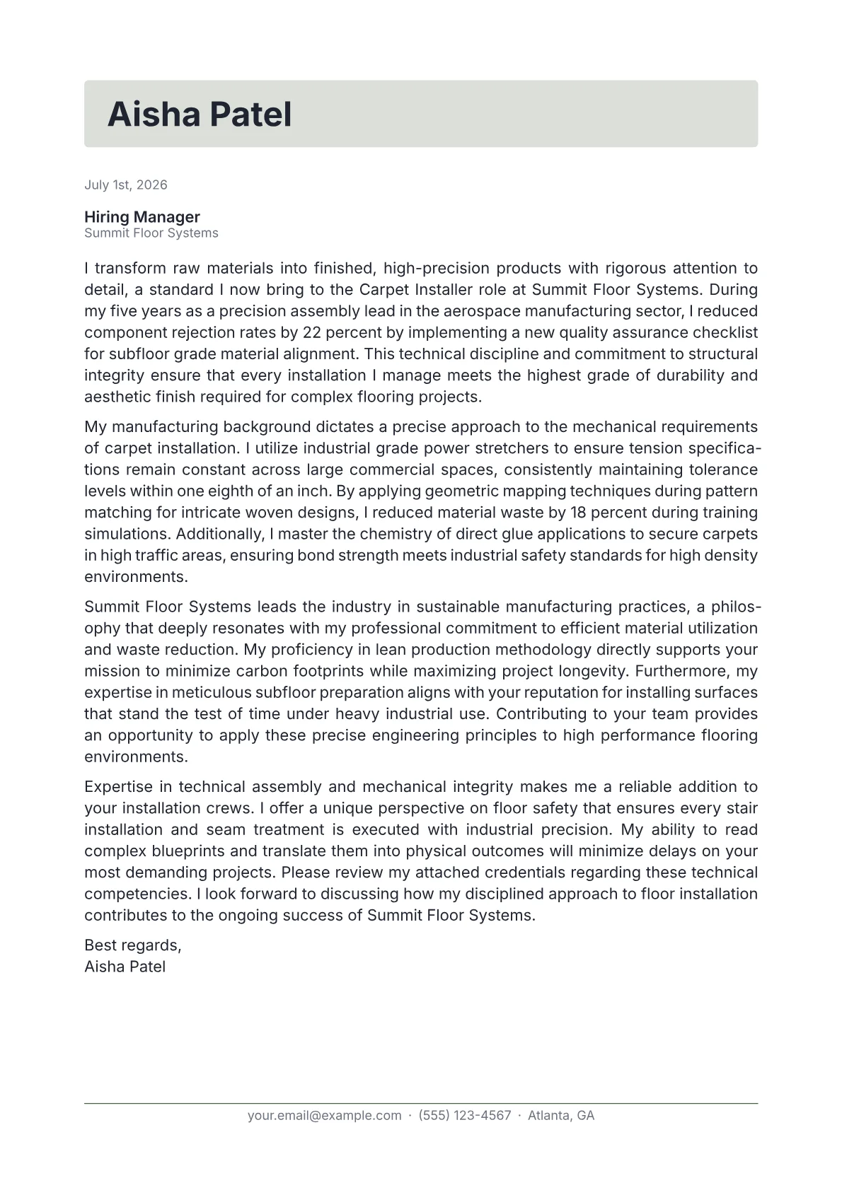 Carpet Installer cover letter in the Letterhead design
