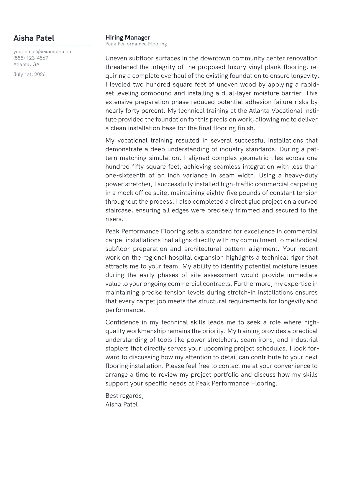 Carpet Installer cover letter in the Margin design