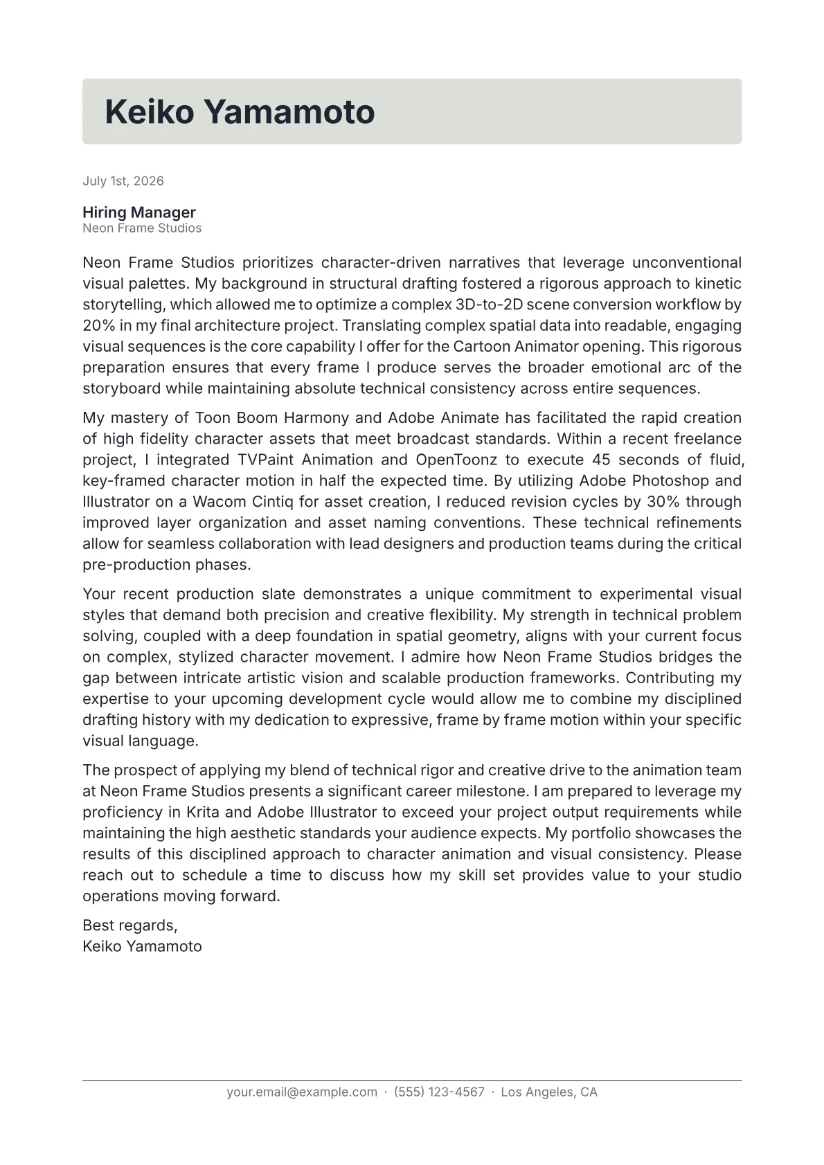 Cartoon Animator cover letter in the Letterhead design