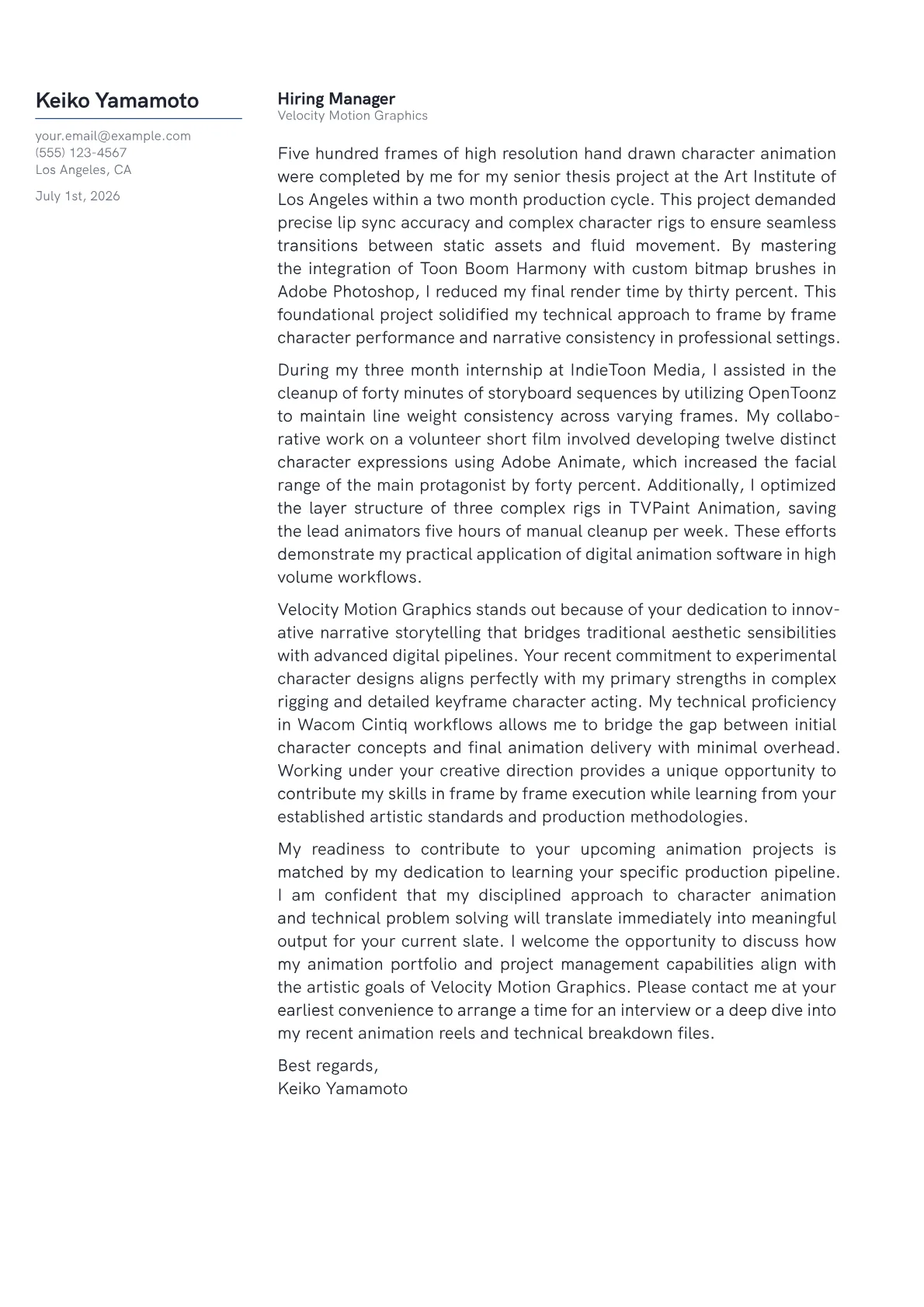 Cartoon Animator cover letter in the Margin design