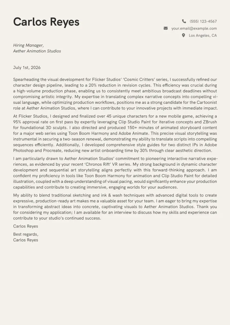 Cartoonist Cover Letter Example
