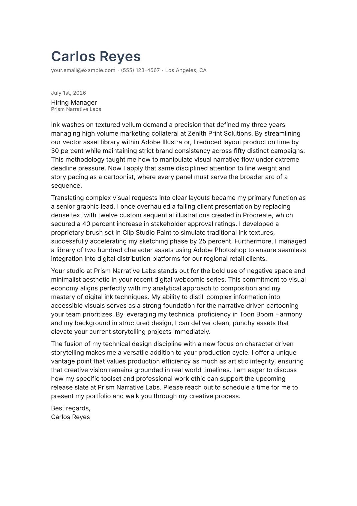 Cartoonist cover letter in the Minimal design