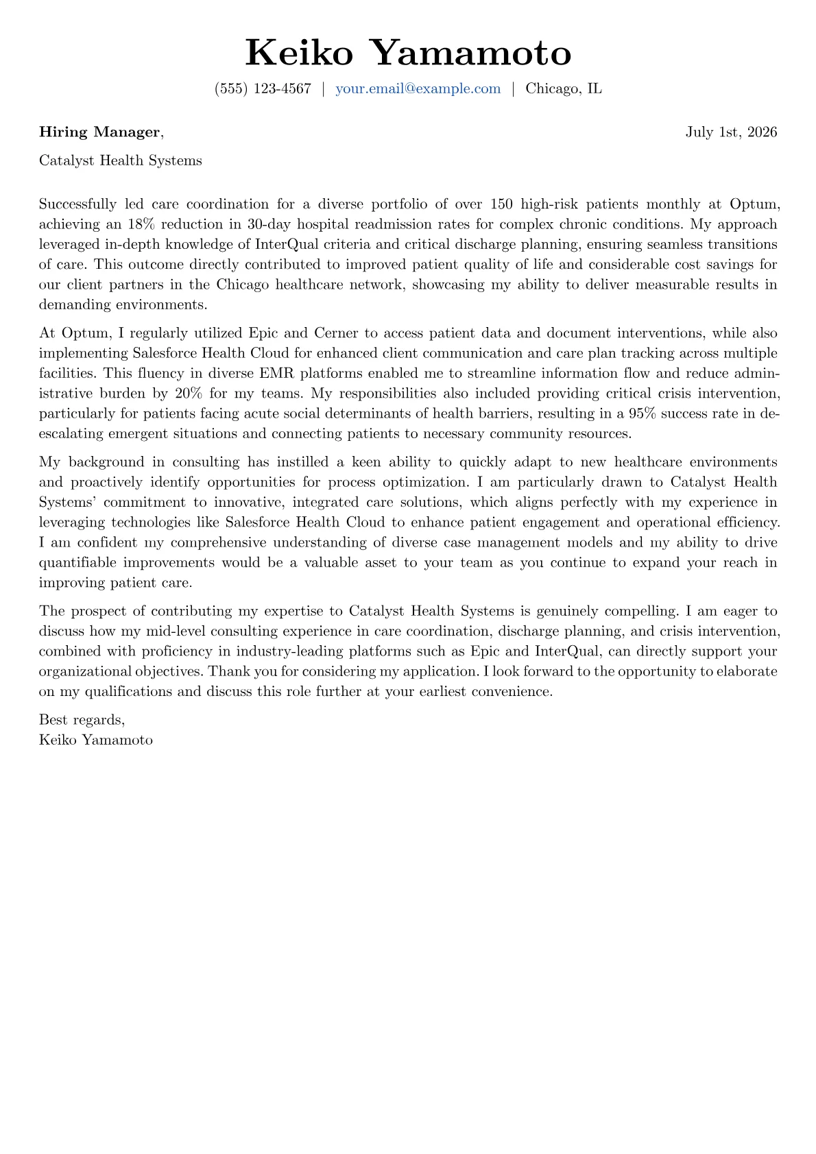 Case Management cover letter formatted with a JobSprout template