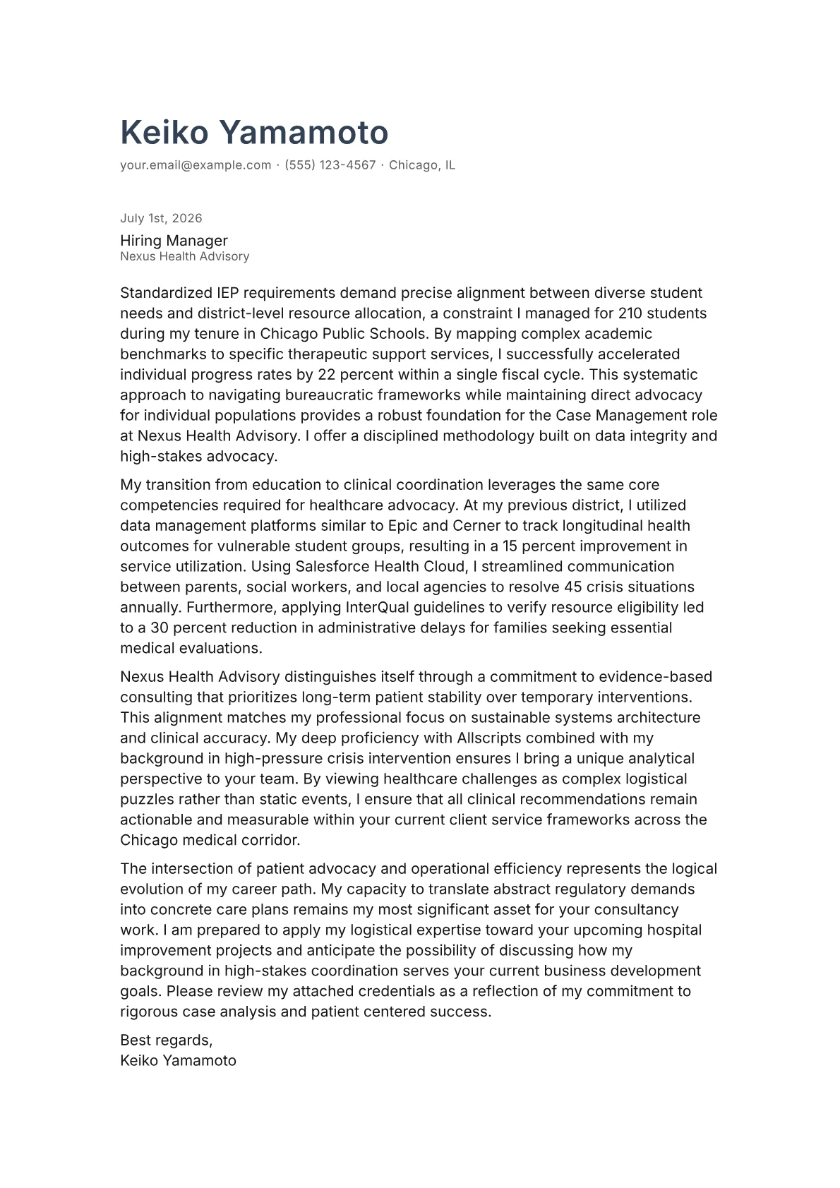 Case Management cover letter in the Minimal design