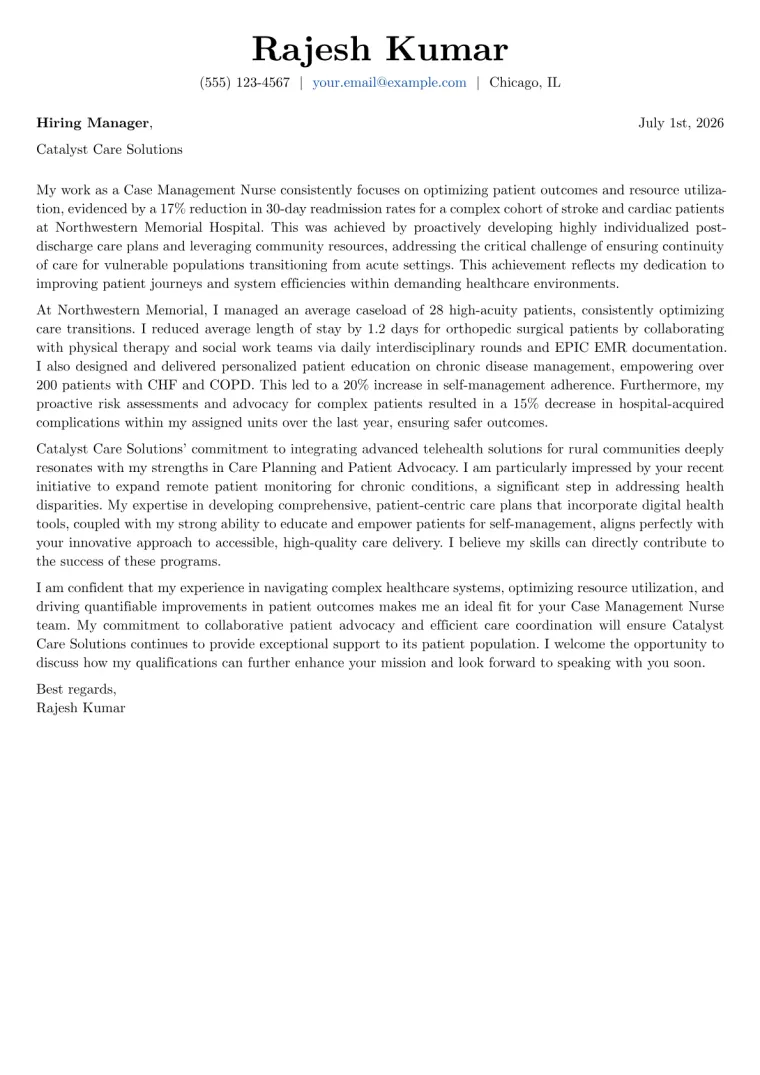 Case Management Nurse cover letter example
