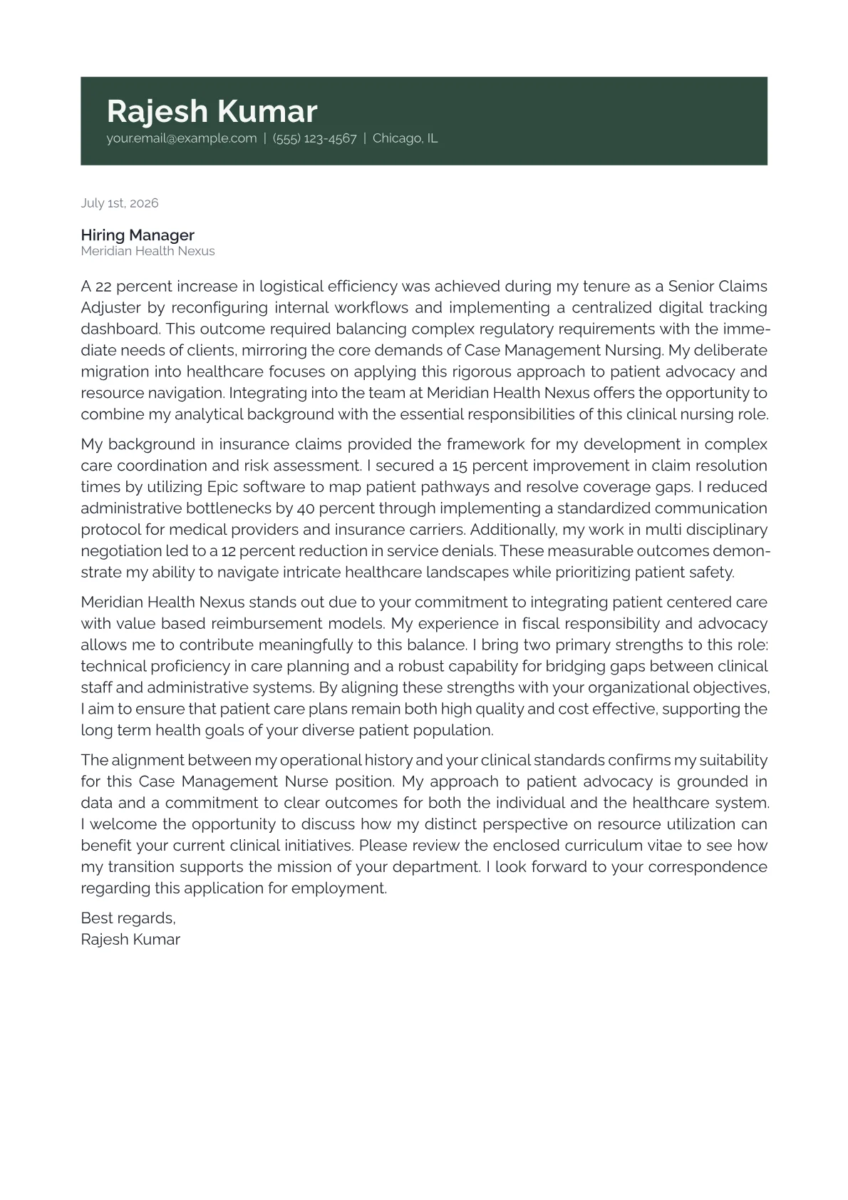 Case Management Nurse cover letter in the Banner design