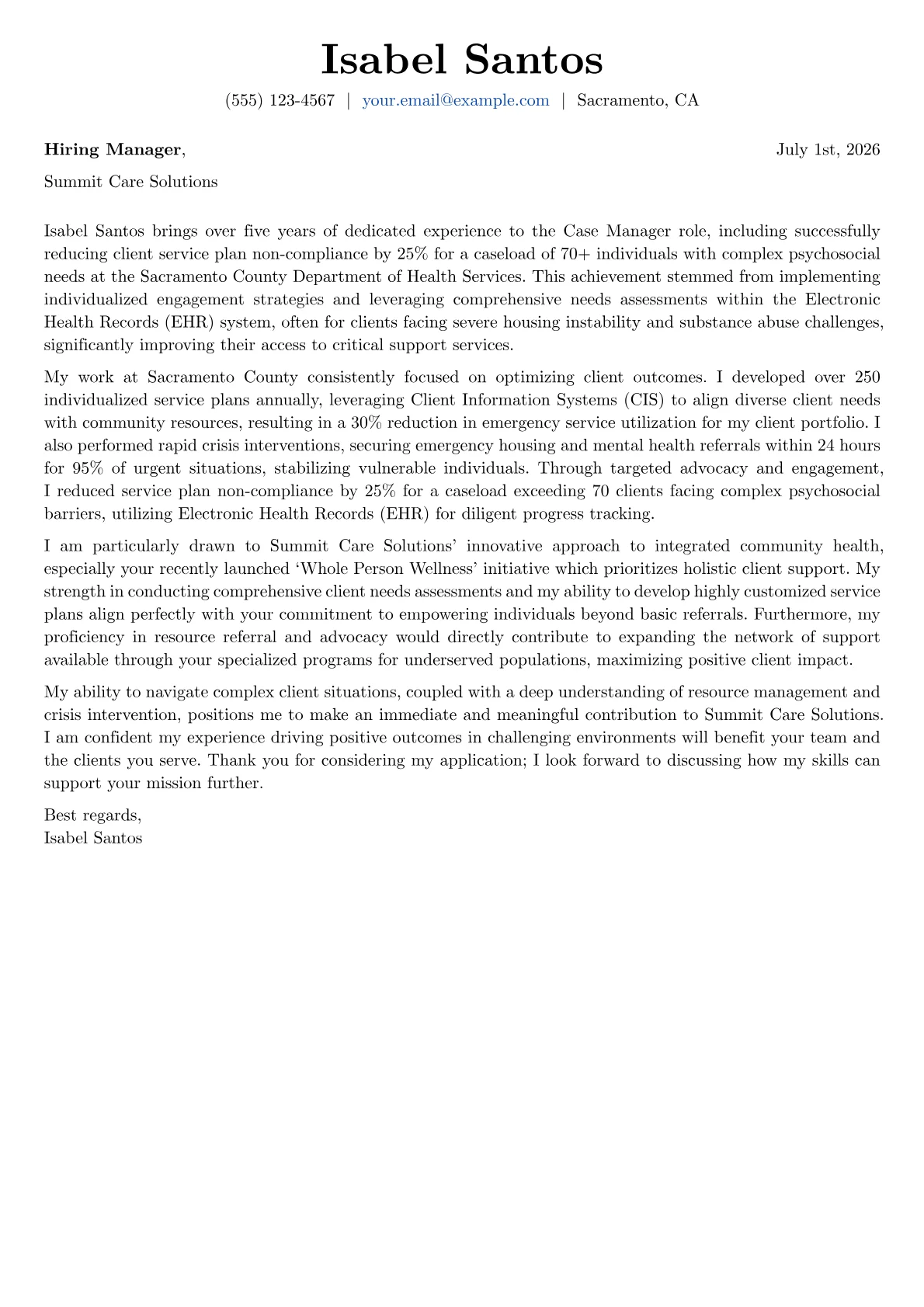 Case Manager cover letter formatted with a JobSprout template