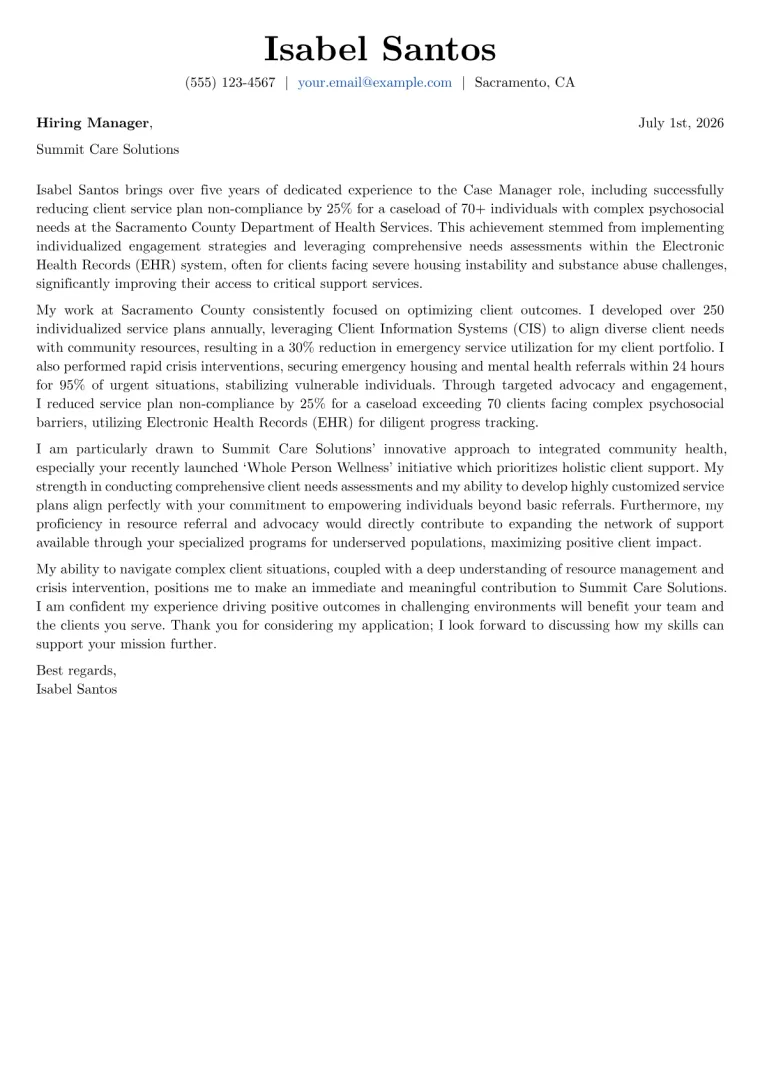 Case Manager Cover Letter Example