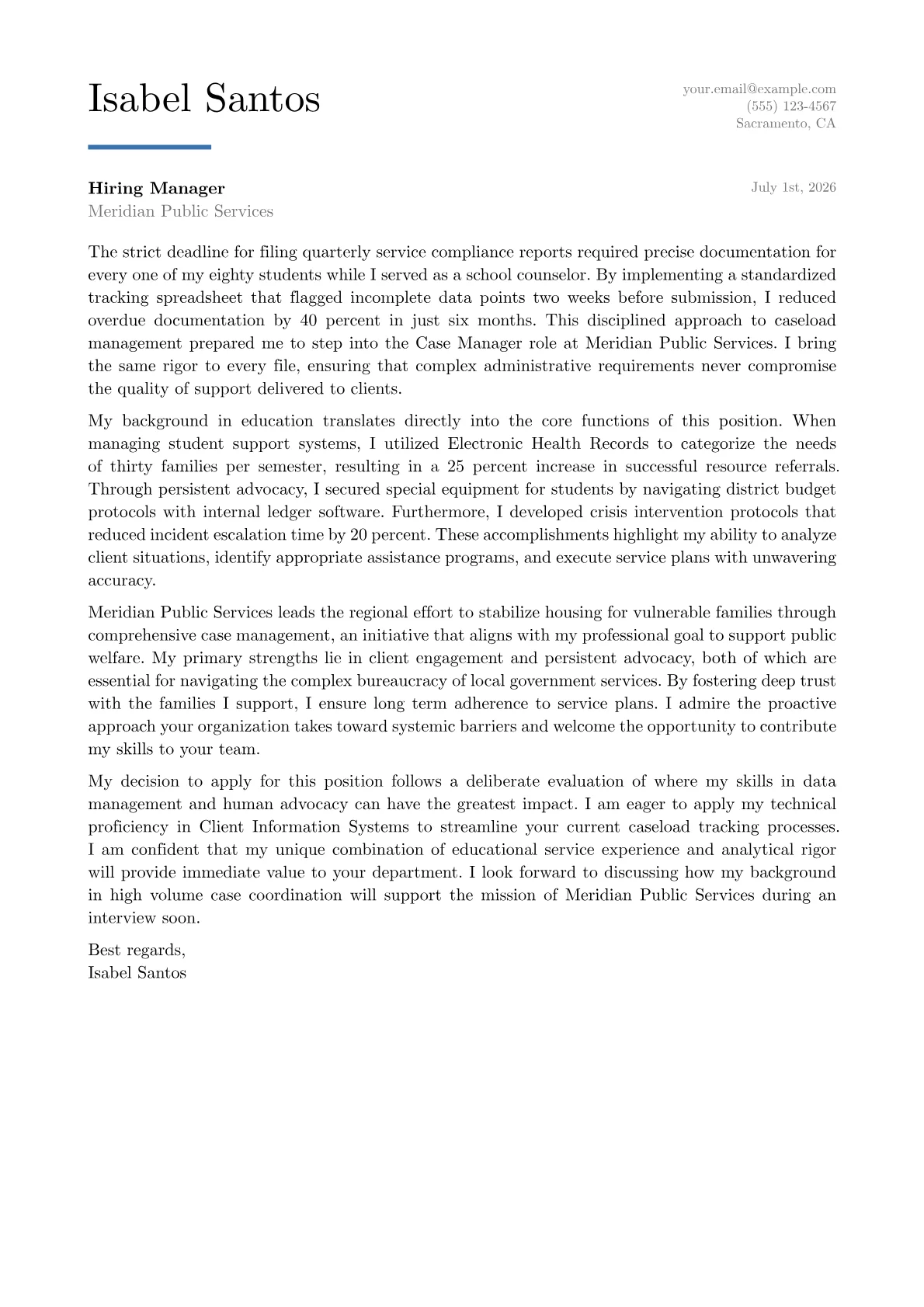 Case Manager cover letter in the Executive design