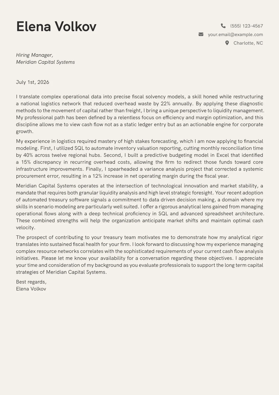 Cash Flow Analyst cover letter in the Creative design