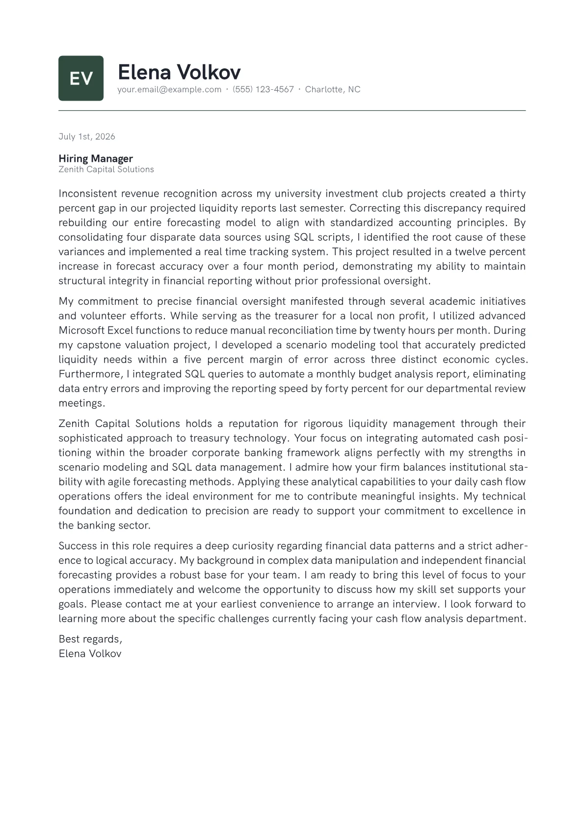 Cash Flow Analyst cover letter in the Emblem design