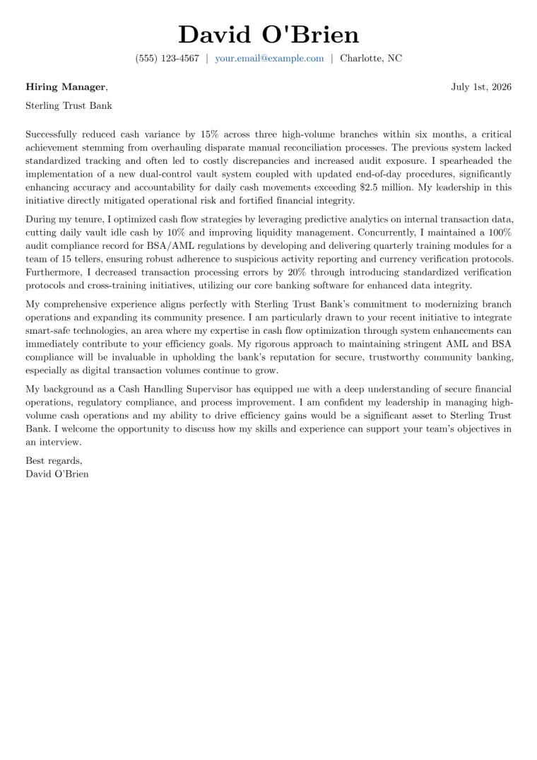Cash Handling Supervisor cover letter example preview
