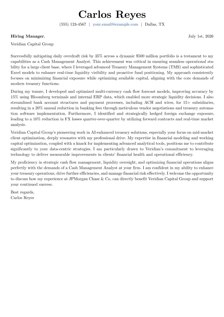 Cash Management Analyst Cover Letter Example