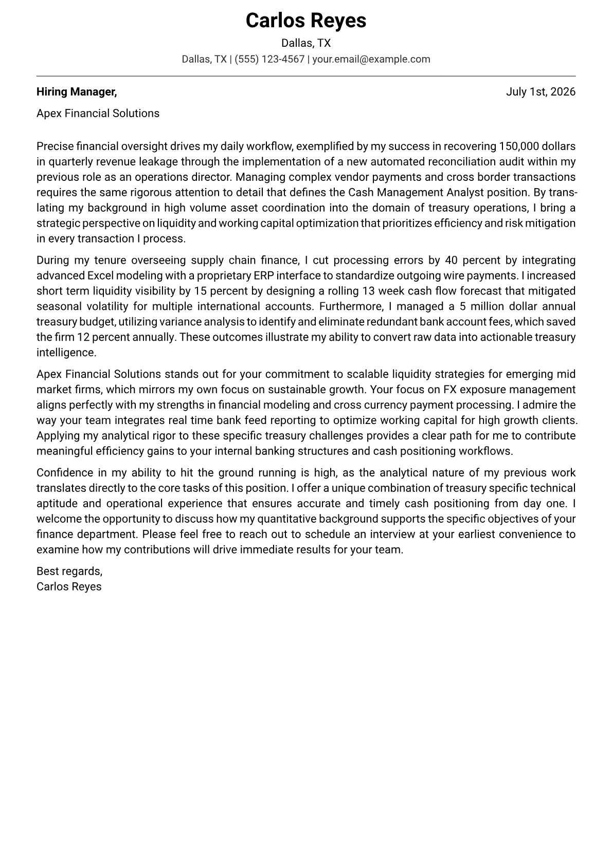 Cash Management Analyst cover letter in the Modern design