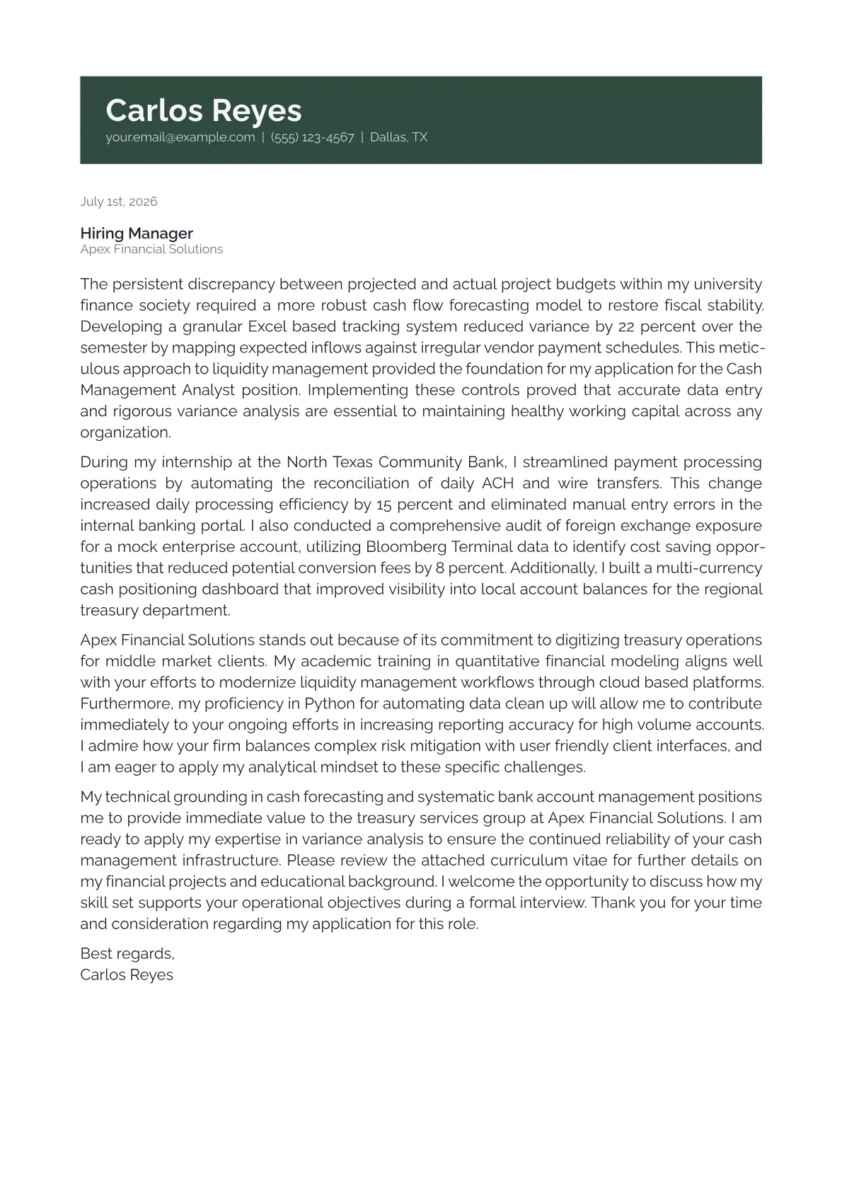 Cash Management Analyst cover letter in the Banner design