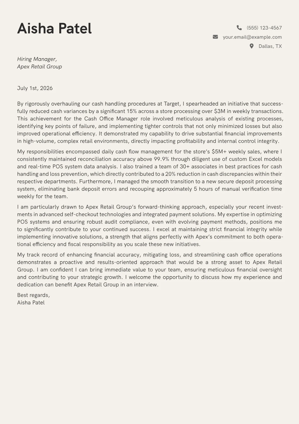Cash Office Manager cover letter formatted with a JobSprout template