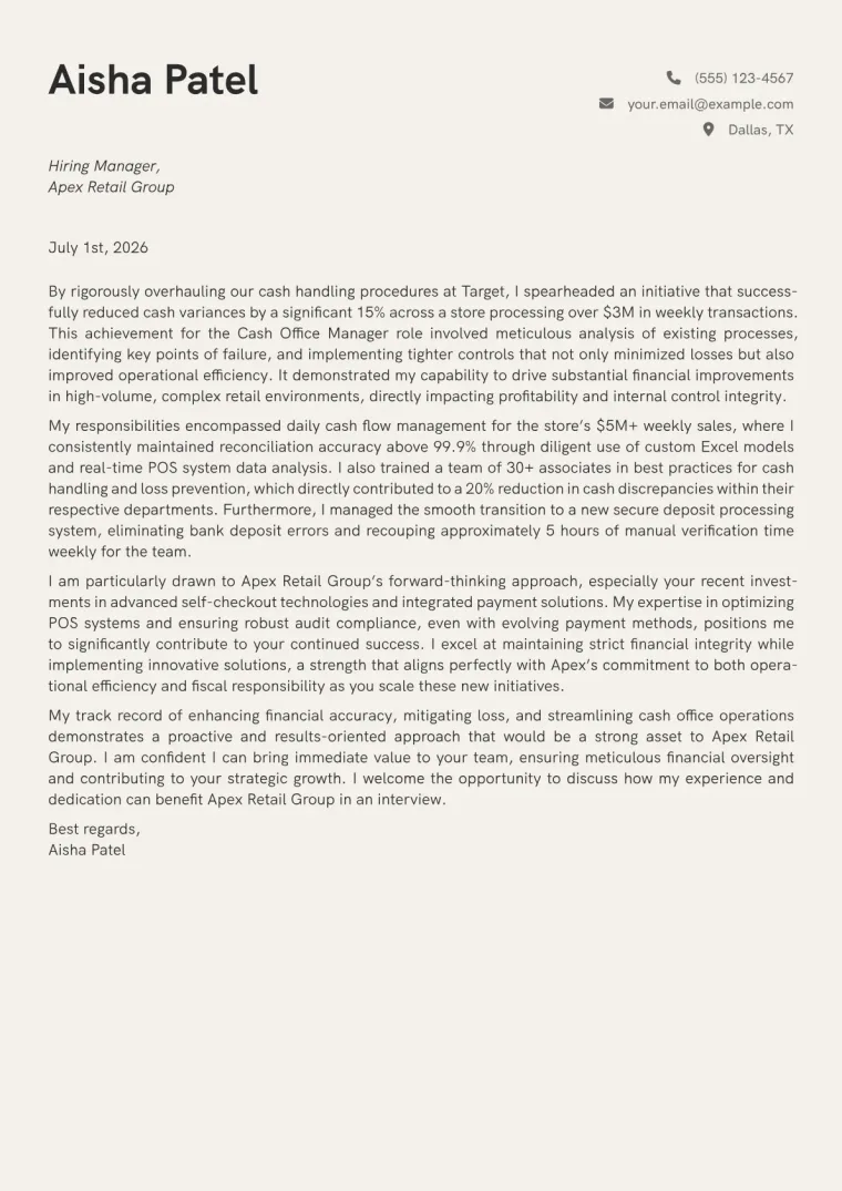 Cash Office Manager cover letter example preview