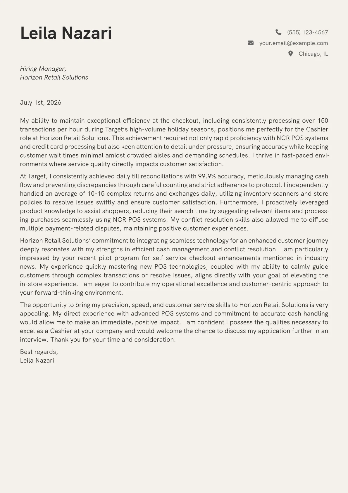 Cashier cover letter formatted with a JobSprout template