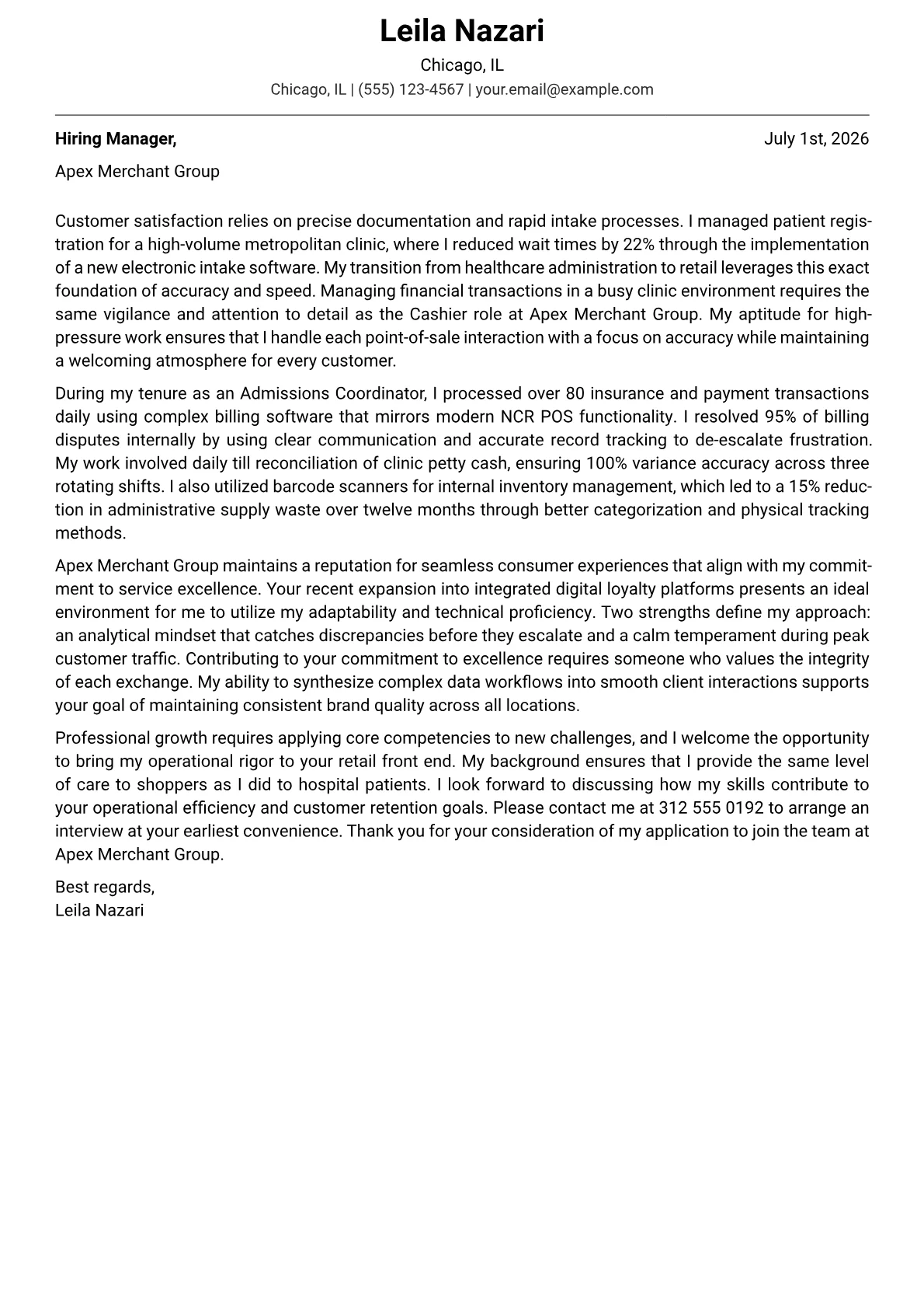 Cashier cover letter in the Modern design