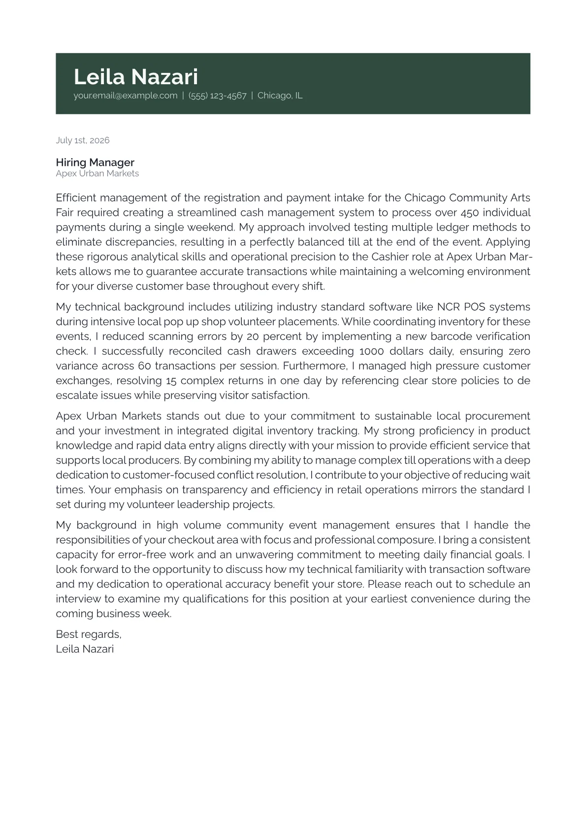 Cashier cover letter in the Banner design