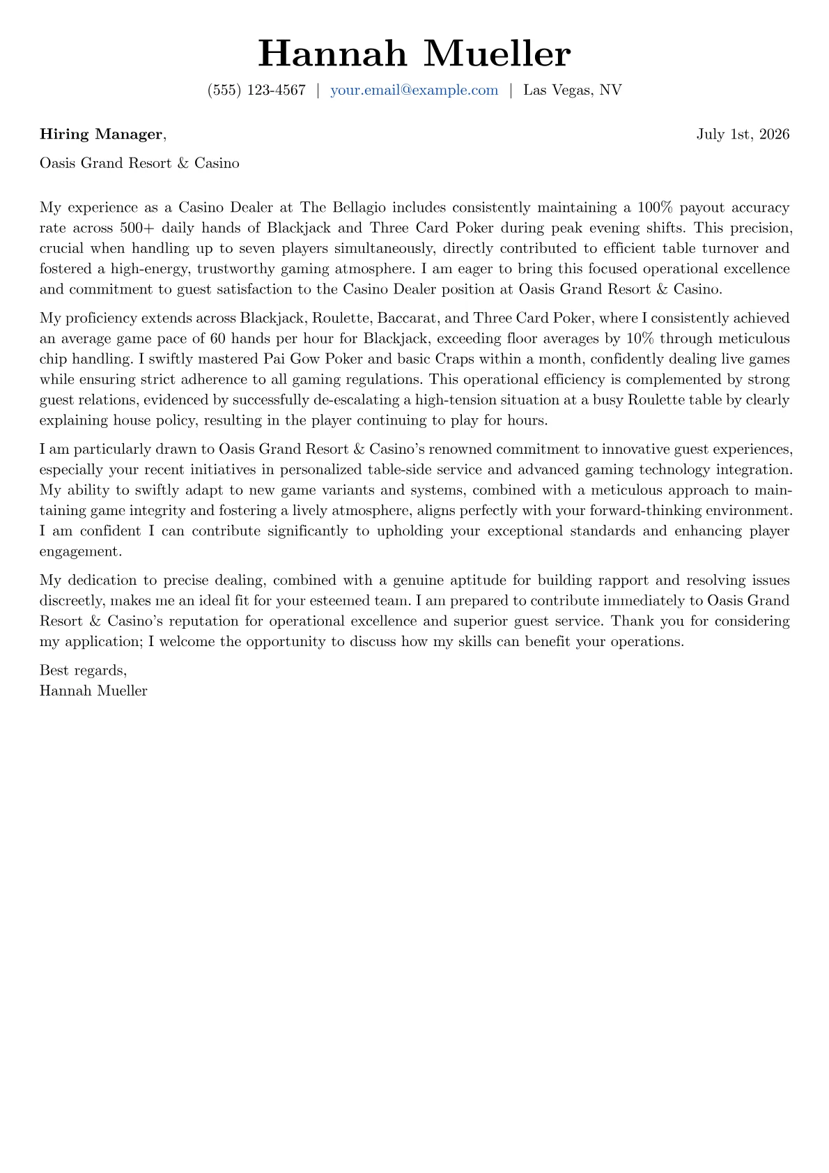 Casino Dealer cover letter formatted with a JobSprout template