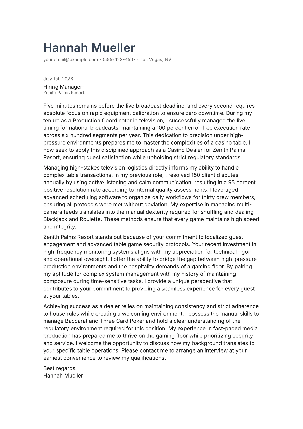 Casino Dealer cover letter in the Minimal design