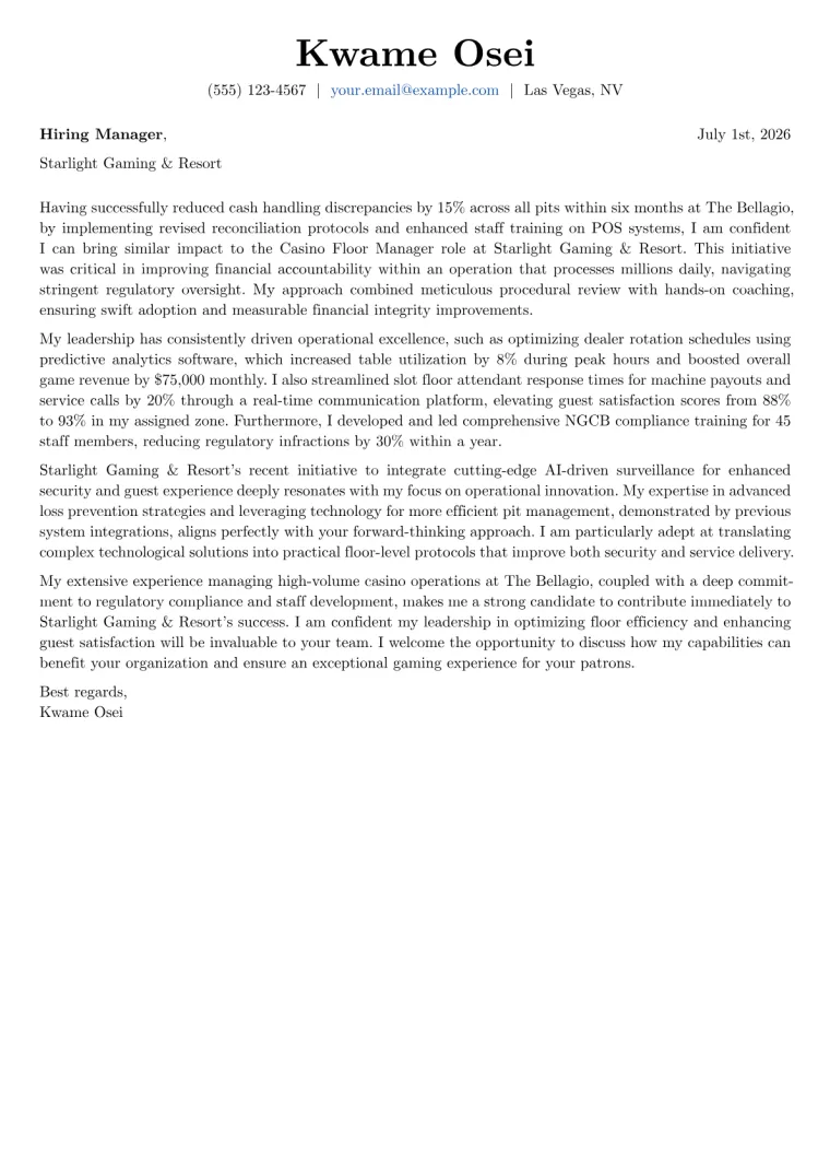 Casino Floor Manager cover letter example preview