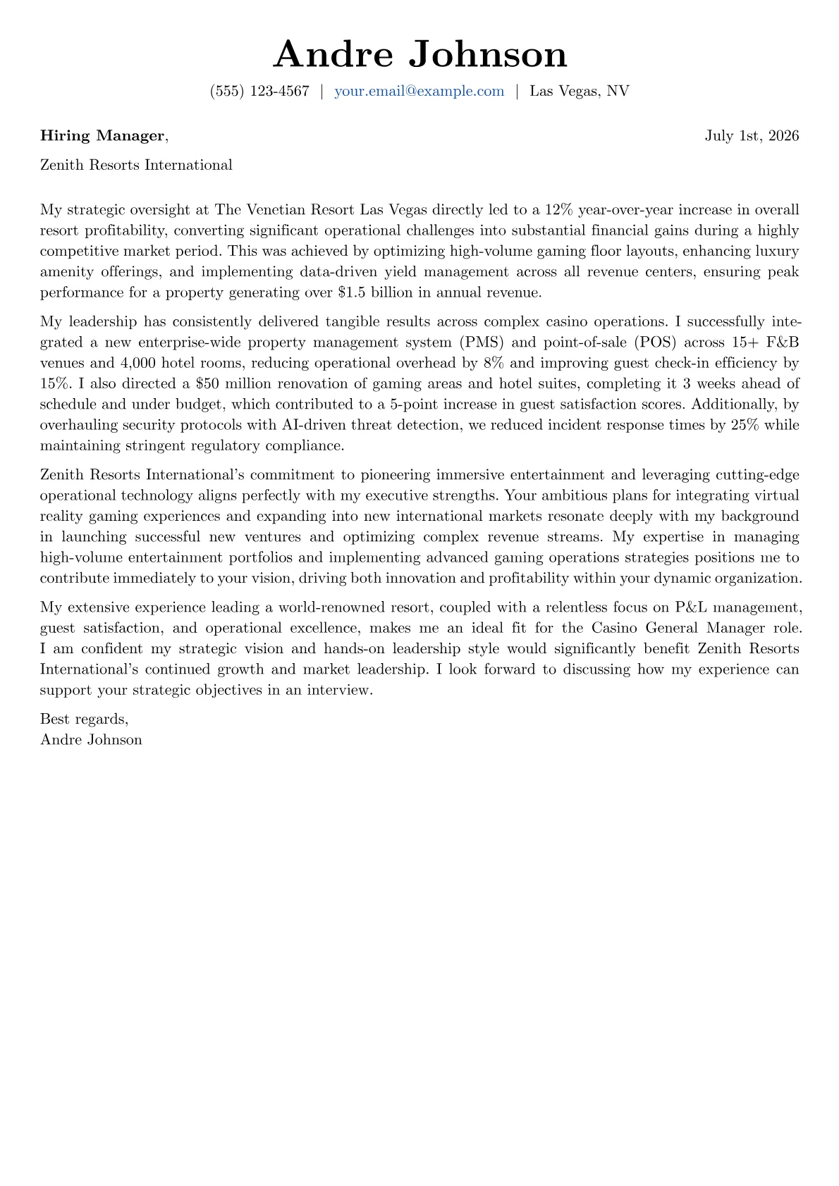 Casino General Manager cover letter formatted with a JobSprout template