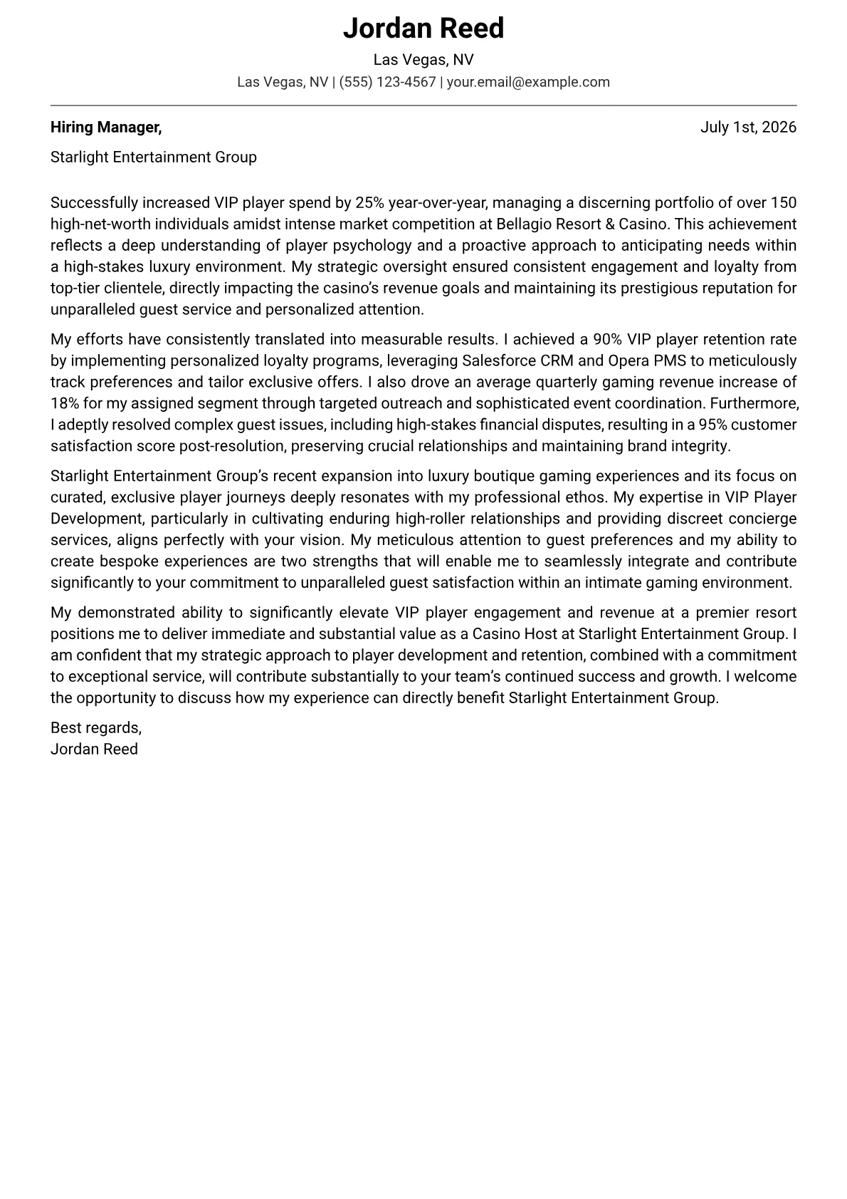 Casino Host cover letter formatted with a JobSprout template