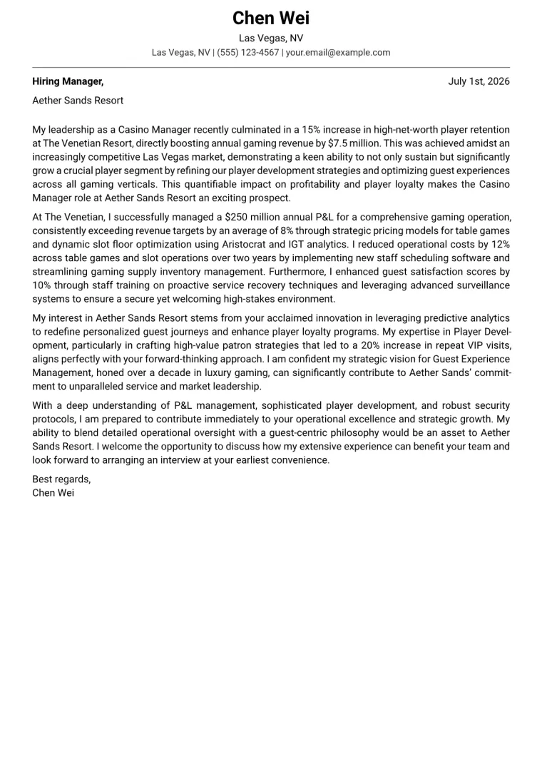 Casino Manager cover letter example preview
