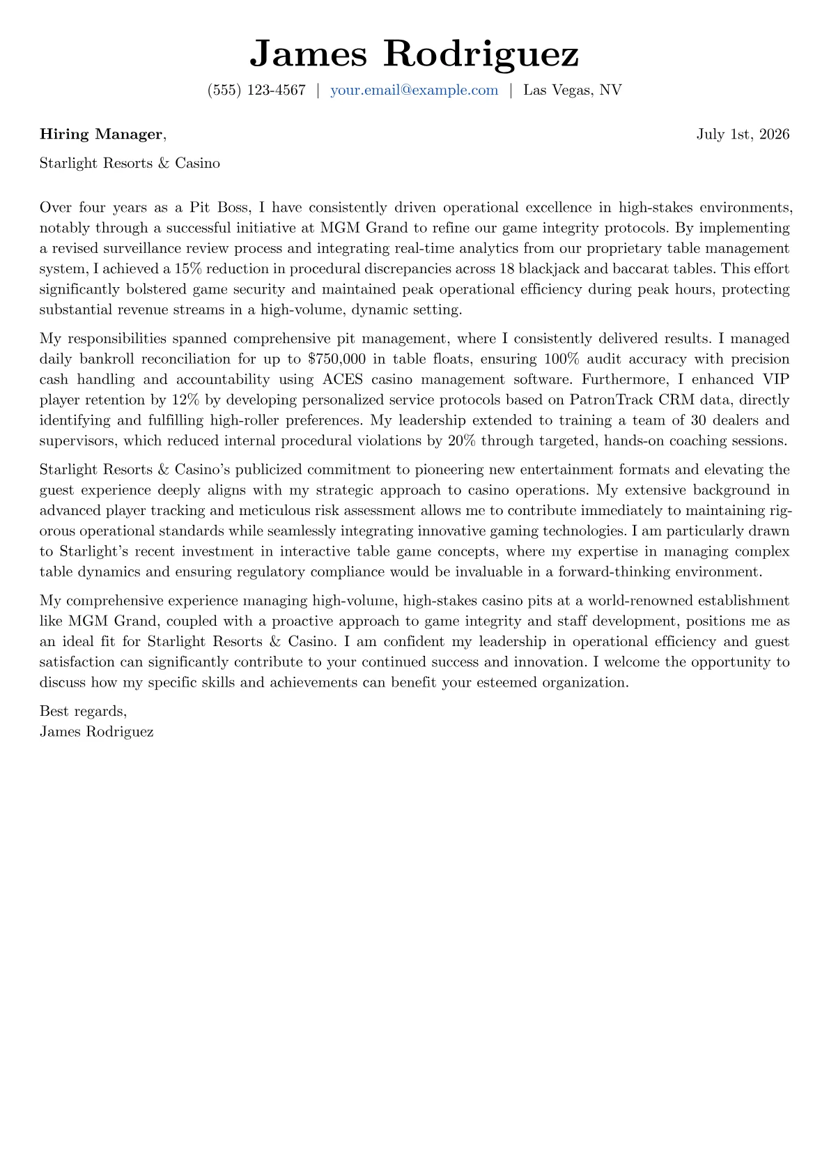 Casino Pit Boss cover letter formatted with a JobSprout template
