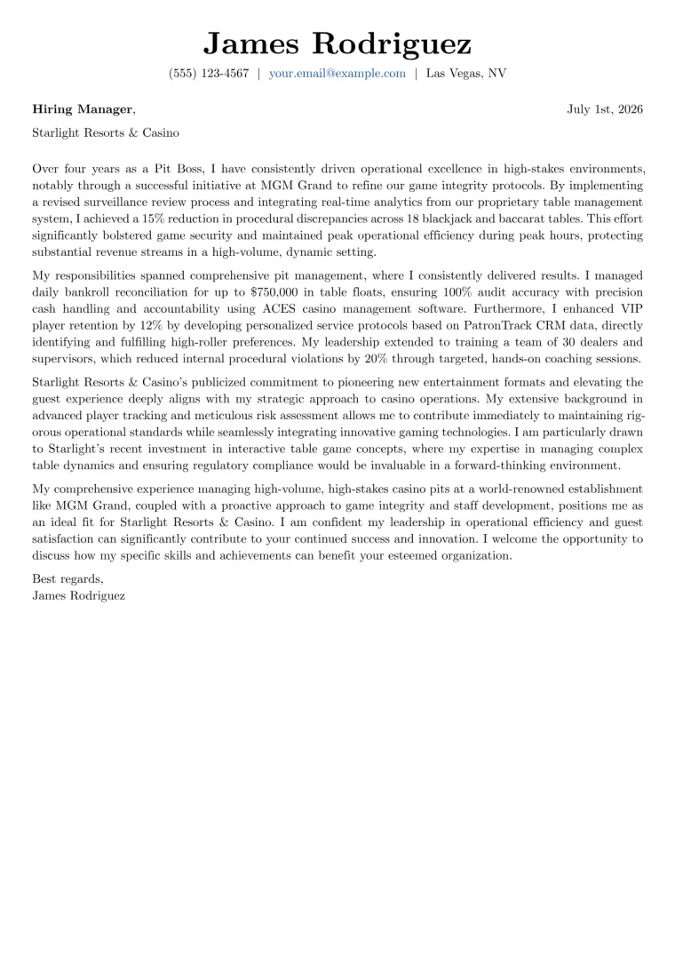 Casino Pit Boss cover letter example preview