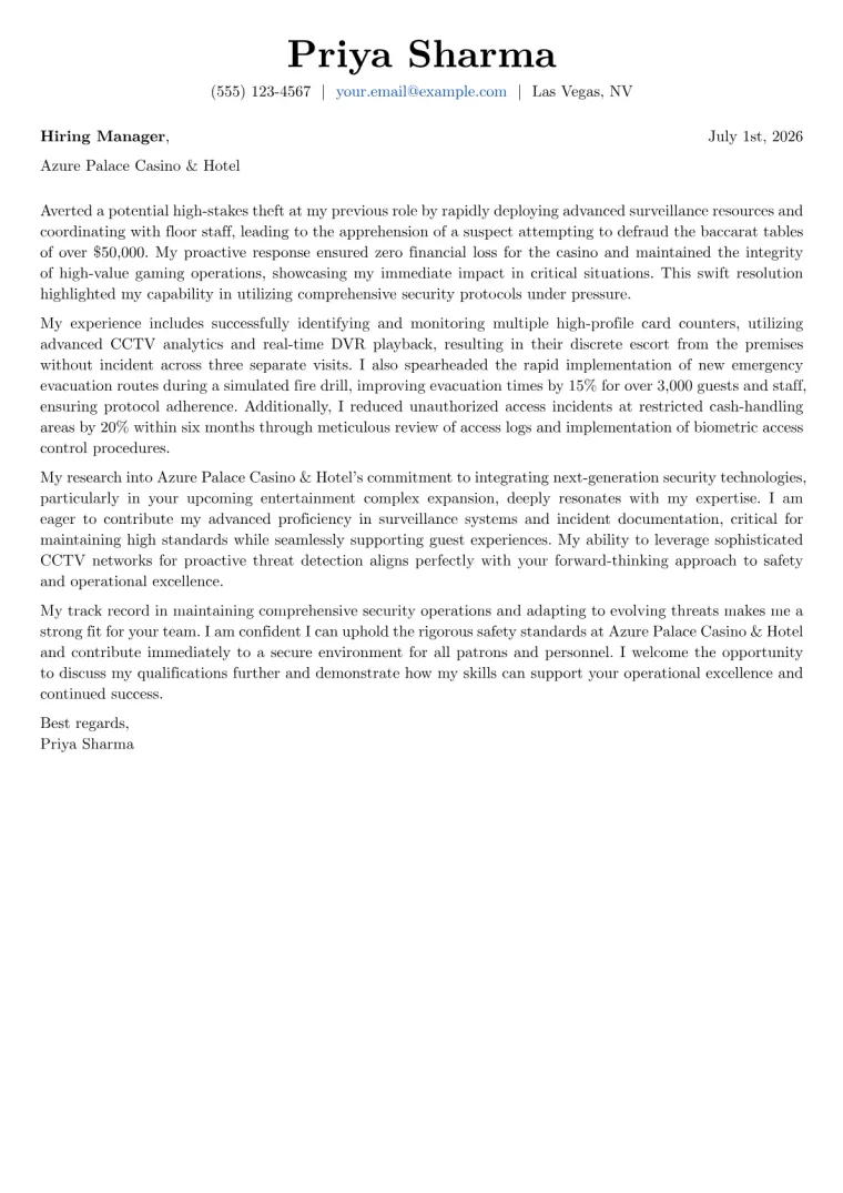Casino Security Officer cover letter example preview