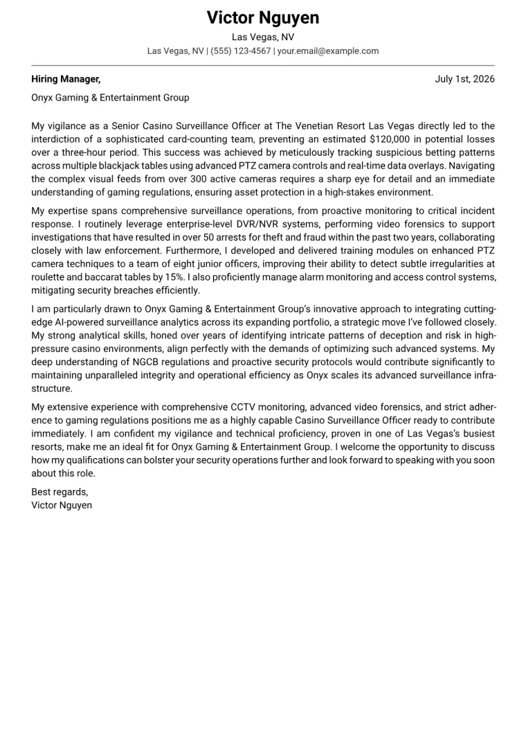 Casino Surveillance Officer Cover Letter Example