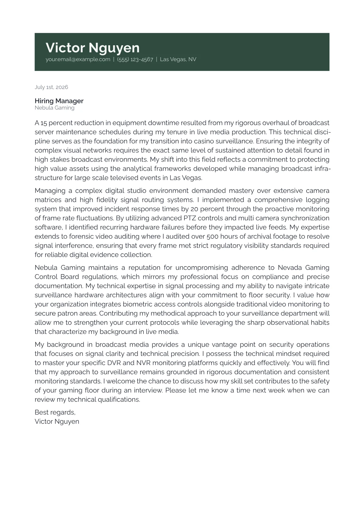 Casino Surveillance Officer cover letter in the Banner design