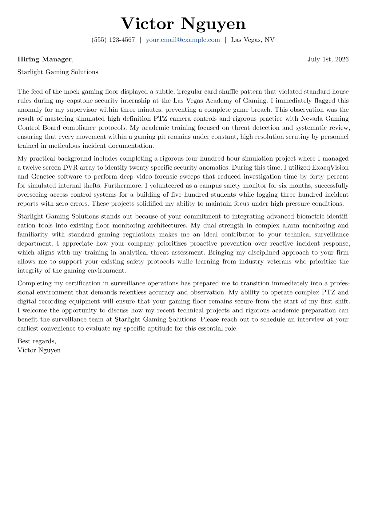 Casino Surveillance Officer cover letter in the Basic design