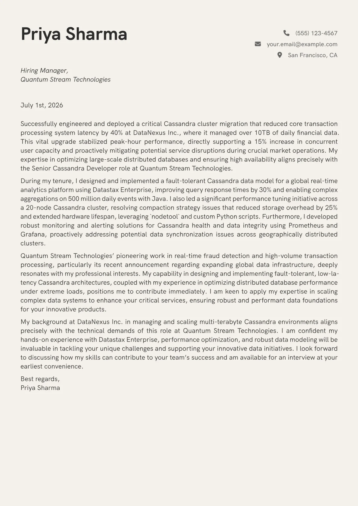 Cassandra Developer cover letter formatted with a JobSprout template